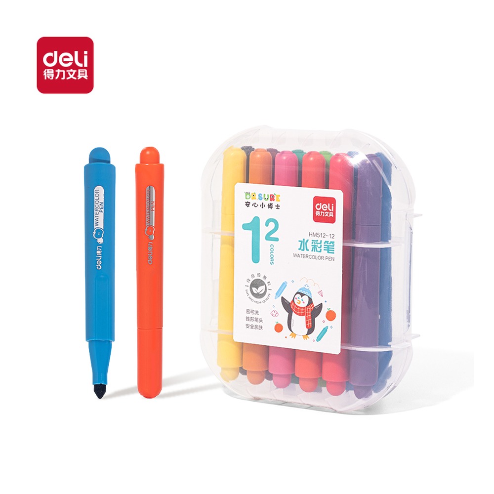 DELI/得力 安心小博士粗圆杆食品级水彩笔 HM512-12 颜色:混；材质:PP 单位:盒