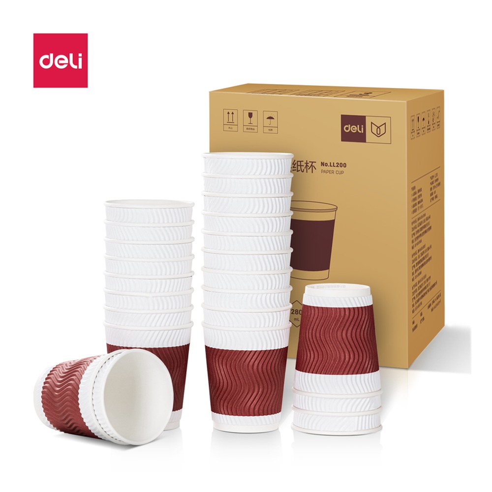 DELI/得力 双层纸杯 LL200 颜色:红色；尺寸:280m；容量:280mL；包装:500只/箱；结构:双层 单位:箱