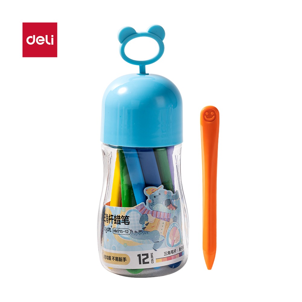 DELI/得力 桶装三角杆蜡笔 HM715-12 规格:($8645) mm rus 9；颜色:蓝；包装:12色/筒；结构:三角杆 单位:筒