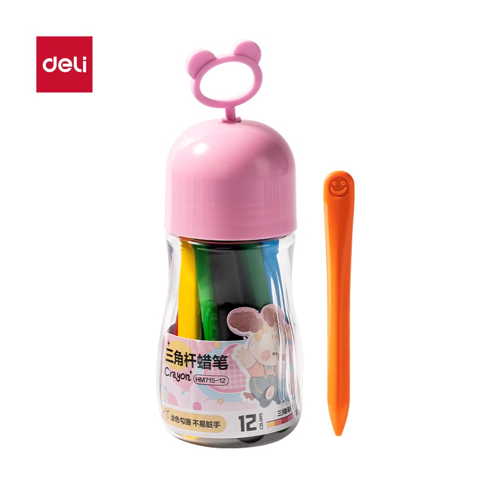 DELI/得力 桶装三角杆蜡笔 HM715-12 规格:($8645) mm rus 9；颜色:粉色；包装:12色/筒；其他:12色；结构:三角杆 单位:筒