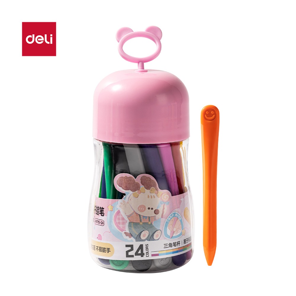 DELI/得力 桶装三角杆蜡笔 HM715-24 规格:($8645) mm rus 9；颜色:粉色；包装:24色/筒；其他:24色；结构:三角杆 单位:筒