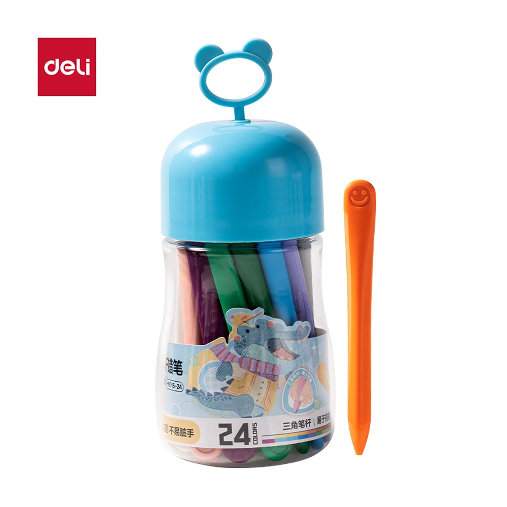 DELI/得力 桶装三角杆蜡笔 HM715-24 规格:($8645) mm rus 9；颜色:蓝；包装:24色/筒；其他:24色；结构:三角杆 单位:筒