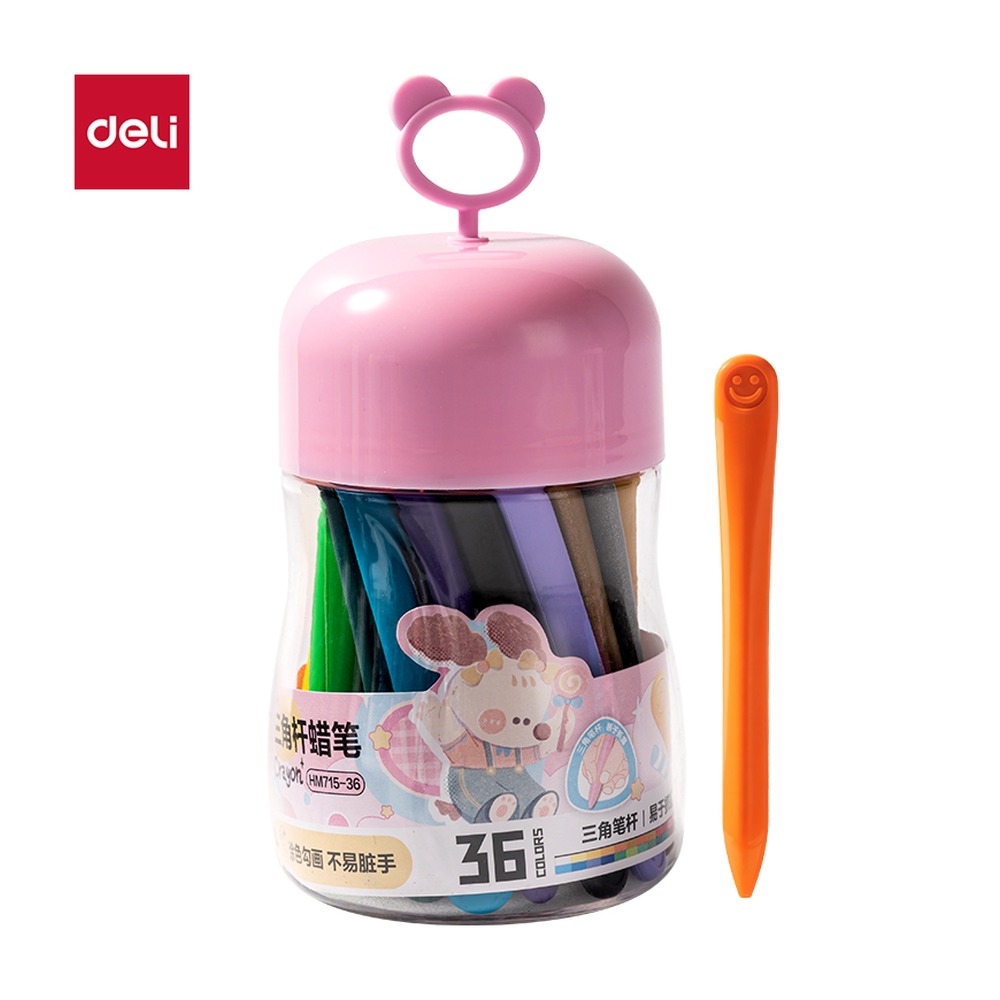 DELI/得力 桶装三角杆蜡笔 HM715-36 规格:($8645) mm rus 9；颜色:粉色；包装:36色/筒；其他:36色；结构:三角杆 单位:筒