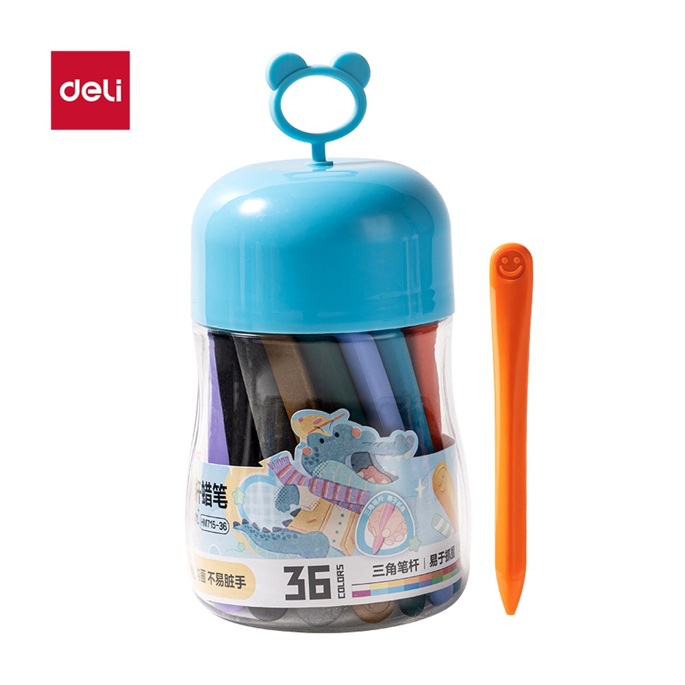 DELI/得力 桶装三角杆蜡笔 HM715-36 规格:($8645) mm rus 9；颜色:蓝；包装:36色/筒；其他:36色；结构:三角杆 单位:筒