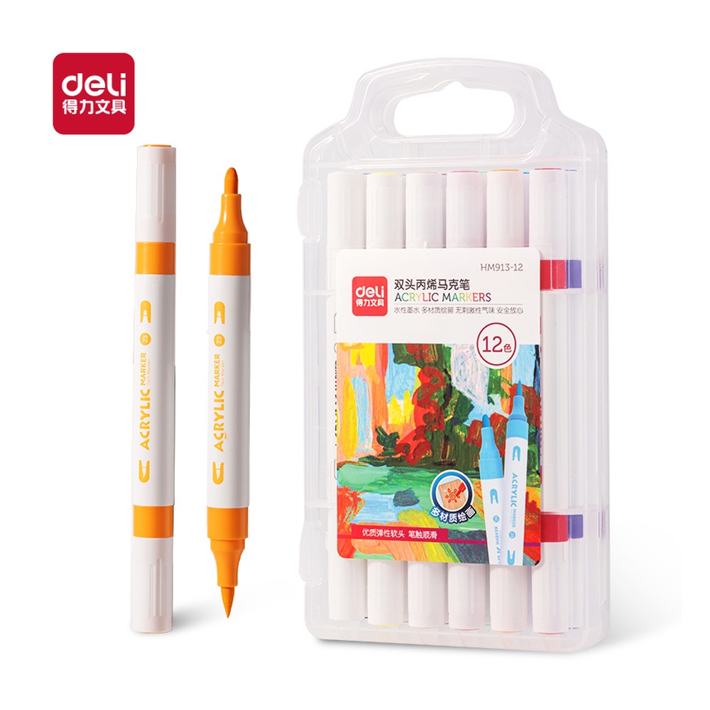DELI/得力 双头丙烯马克笔 HM913-12 规格:(325*320*240)mm |) wt；颜色:混；包装:12支/盒 单位:盒