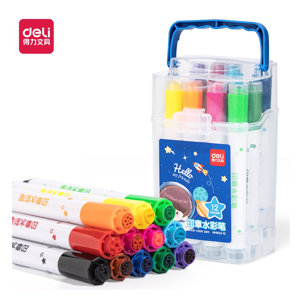 DELI/得力 蓝PP筒装印章水彩笔 HM653-12 颜色:蓝；材质:PP；包装:12色/筒 单位:筒