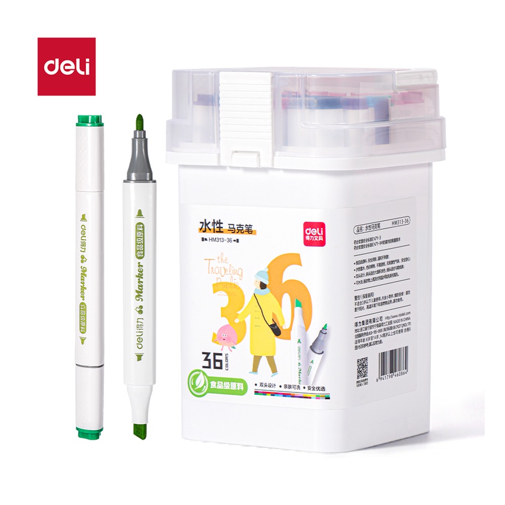 DELI/得力 桶装细三角杆食品级水性马克笔 HM313-36 规格:(15605170) mm 5；颜色:混；材质:PP；包装:36色/筒；结构:细三角杆 单位:筒