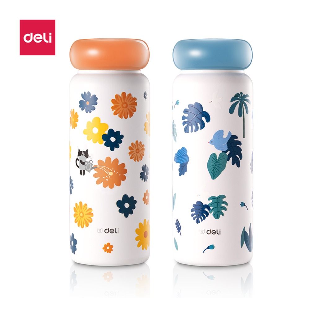 DELI/得力 花语星环保温杯 LL610S 材质:PC、PP、316不锈钢、；尺寸:”直径约6.6cm、 高约18.2cm；容量:400mL；包装:彩盒装；结构:旋盖 单位:个