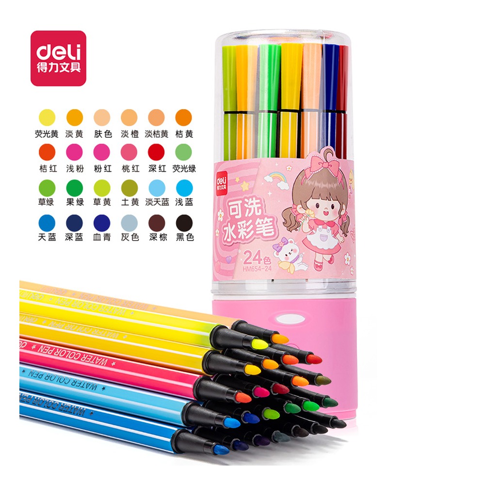 DELI/得力 粉PP筒装细六角杆水彩笔 HM654-24 颜色:粉色；材质:PP；包装:24色/筒 单位:筒