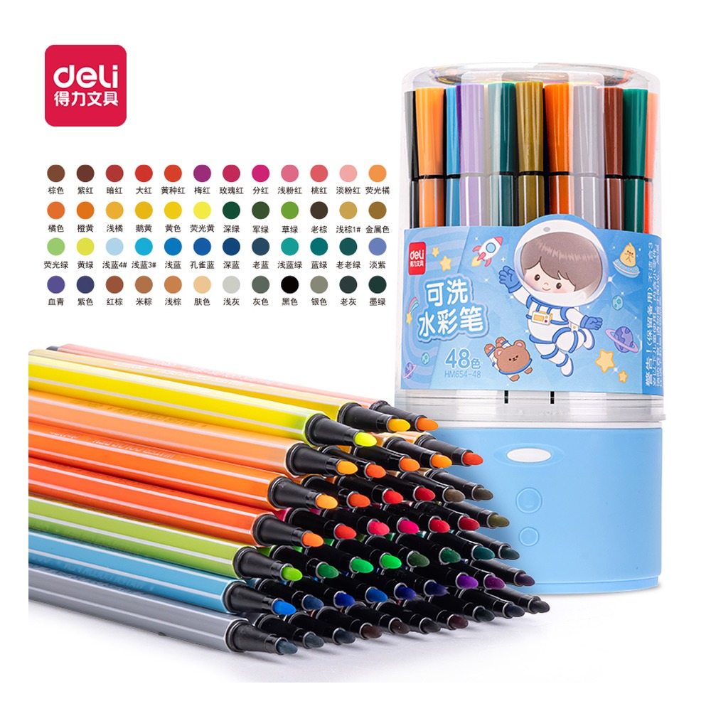 DELI/得力 蓝PP筒装细六角杆水彩笔 HM654-48 颜色:蓝；材质:PP；包装:48色/筒 单位:筒
