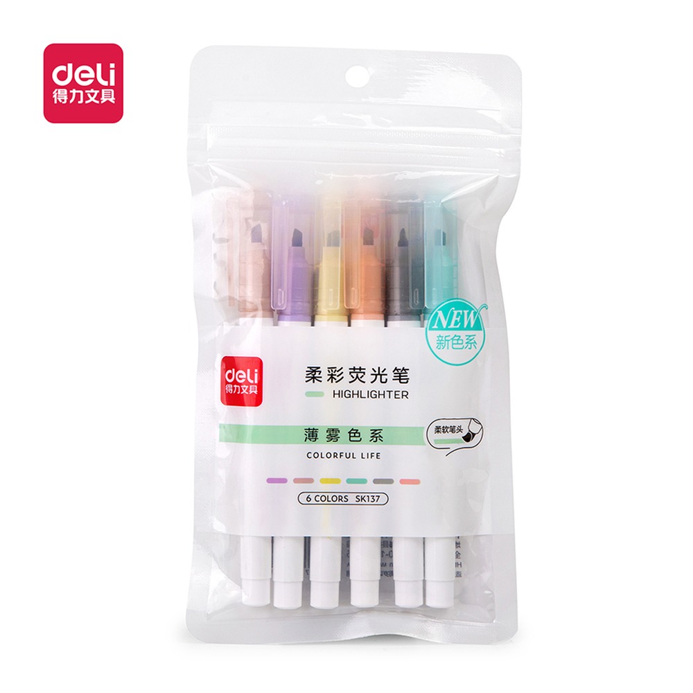 DELI/得力 软头柔彩荧光笔薄雾色系 SK137 颜色:混；包装:6支/袋 单位:袋