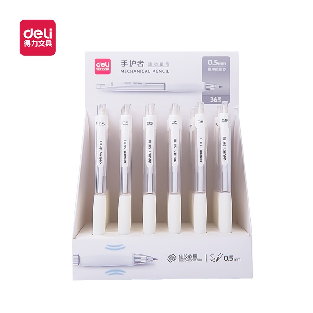 DELI/得力 手护者缓冲防断芯塑料活动铅笔白支 SH118 规格:0.5mm活动铅笔(36支/展示盒)；颜色:白色；材质:塑料；尺寸:(151*113*148.3) mm；笔芯规格:0.5mm 单位:支