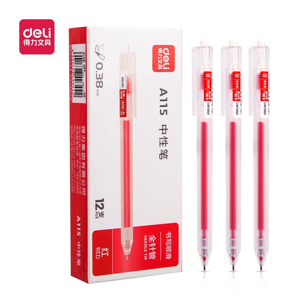 DELI/得力 按动学生中性笔全 A115 颜色:红；尺寸:0.38mm；笔芯规格:0.38mm全针管 单位:支