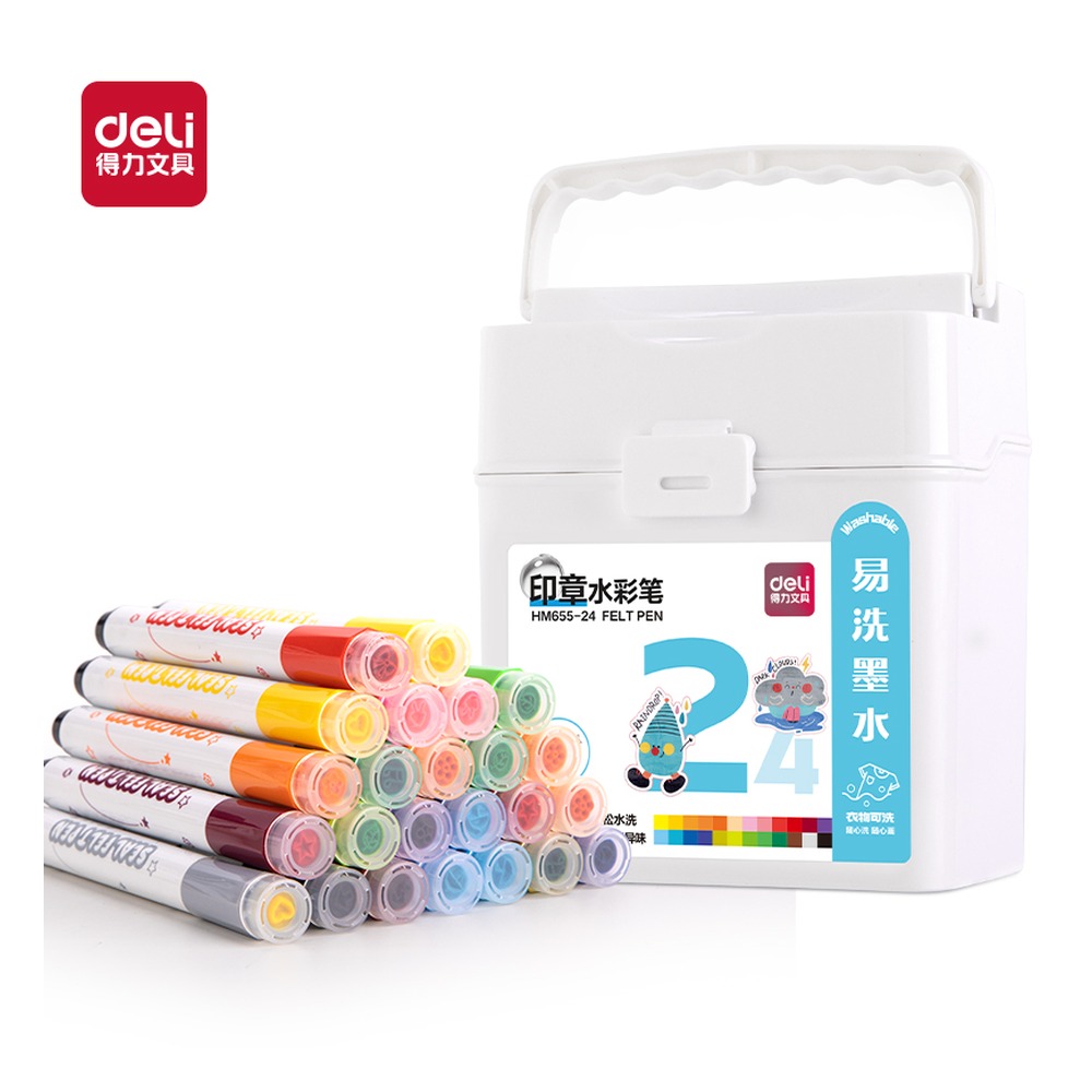 DELI/得力 圆杆印章水彩笔 HM655-24 规格:(130*115*115) mm So；颜色:混；包装:24色；其他:24色 单位:筒