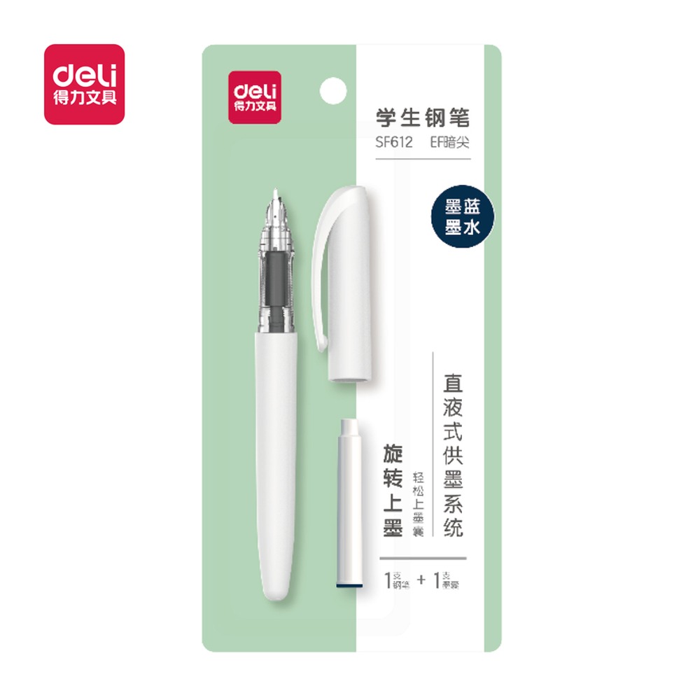 DELI/得力 直液式学生钢笔EF暗尖 SF612 颜色:墨蓝；包装:1笔+1墨囊/套 单位:套
