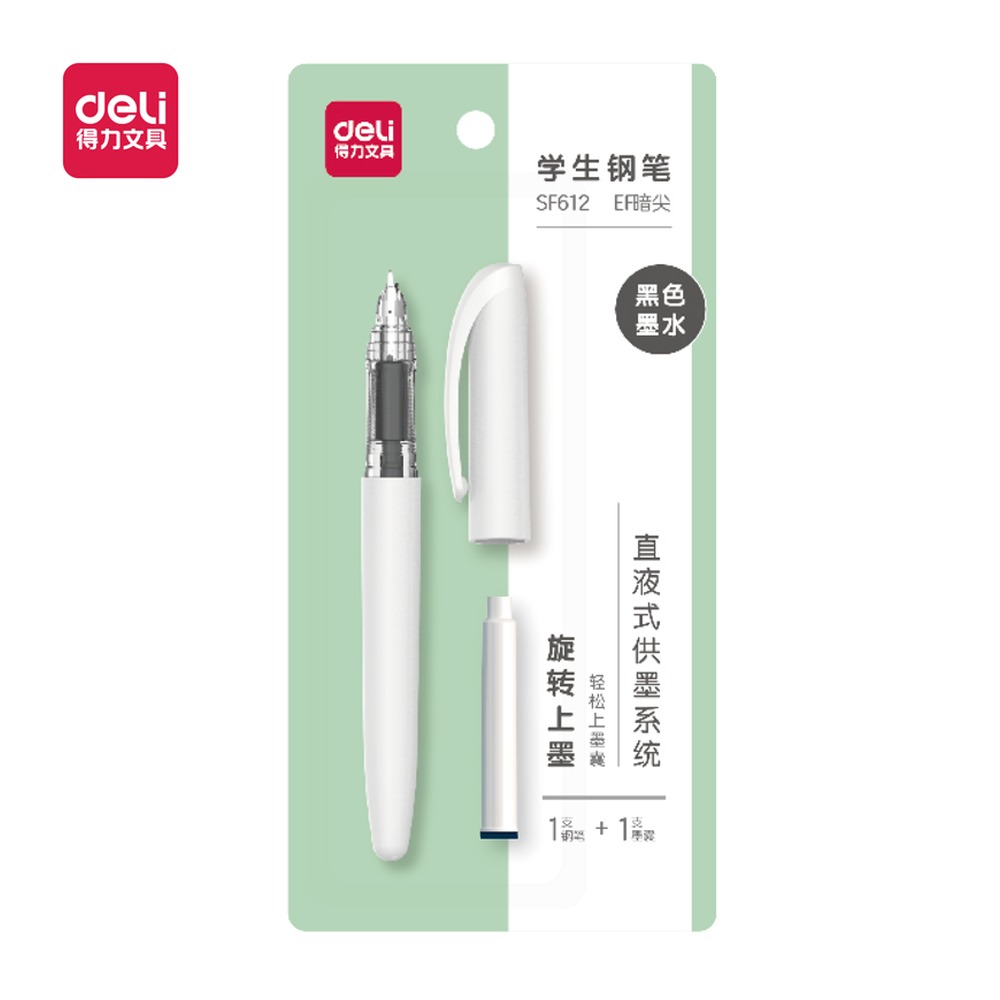 DELI/得力 直液式学生钢笔EF暗尖 SF612 颜色:黑；包装:1笔+1墨囊/套 单位:套