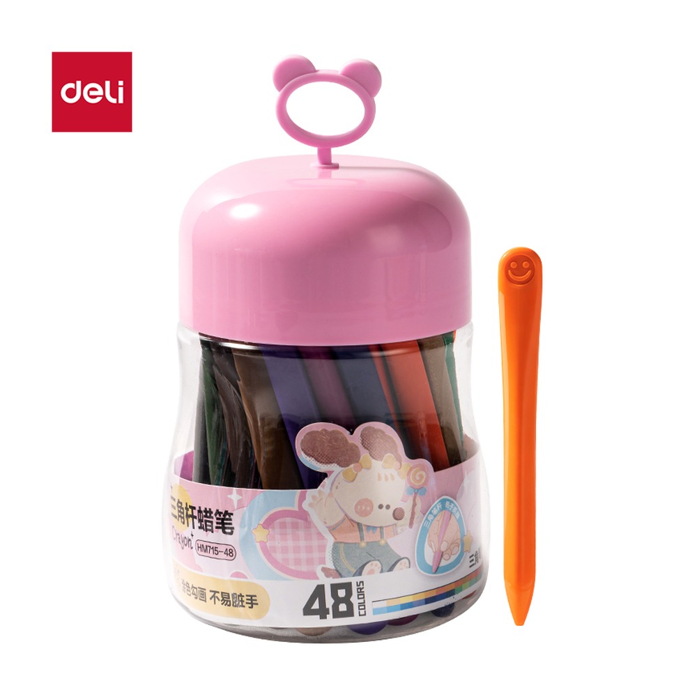 DELI/得力 桶装三角杆蜡笔 HM715-48 规格:($8645) mm rus 9；颜色:粉色；包装:48色/筒；结构:三角杆 单位:筒