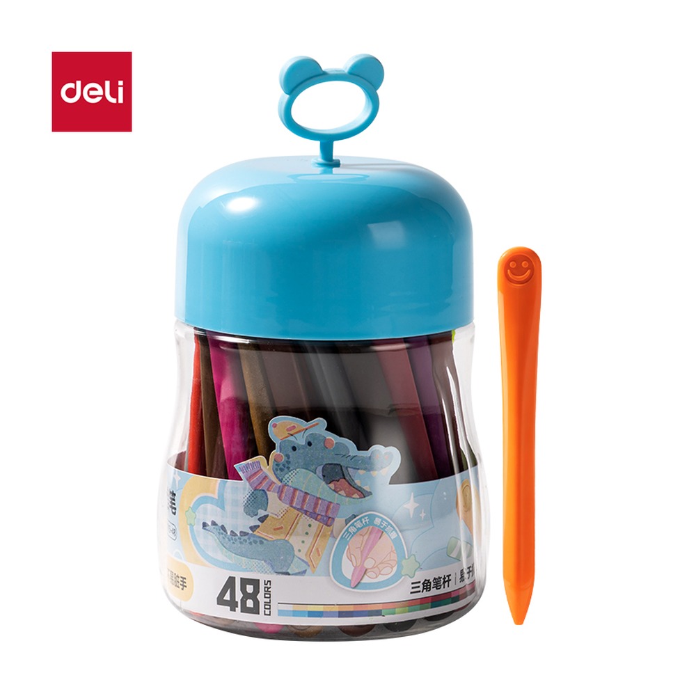 DELI/得力 桶装三角杆蜡笔 HM715-48 规格:($8645) mm rus 9；颜色:蓝；包装:48色/筒；结构:三角杆 单位:筒