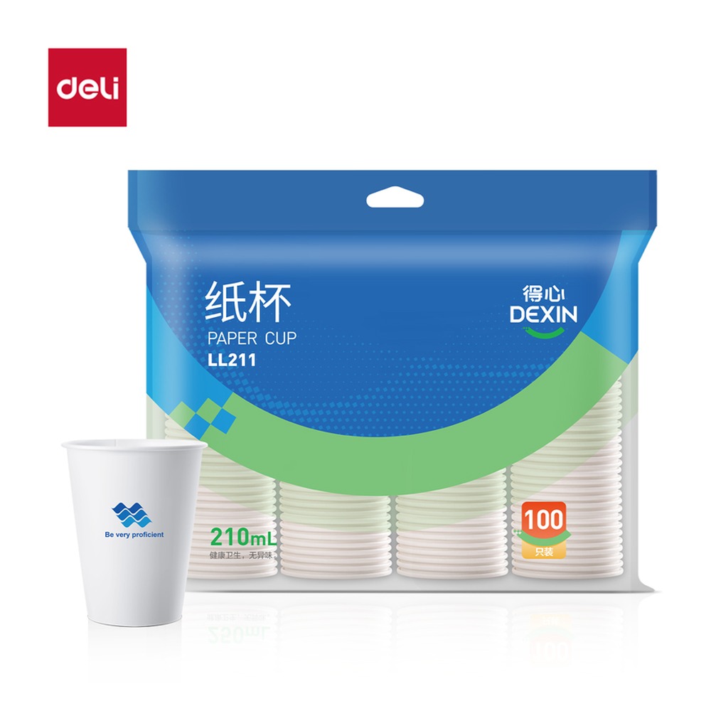 DELI/得力 纸杯 LL211 颜色:白色；尺寸:210m；容量:210mL；包装:100只/袋 单位:袋