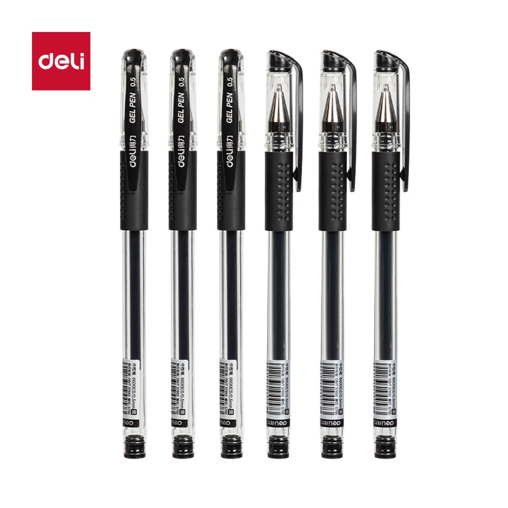 DELI/得力 拔帽中性笔 6600ES-SC 颜色:黑；尺寸:0.5mm；包装:6支/卡；笔芯规格:0.5mm子弹头 单位:卡