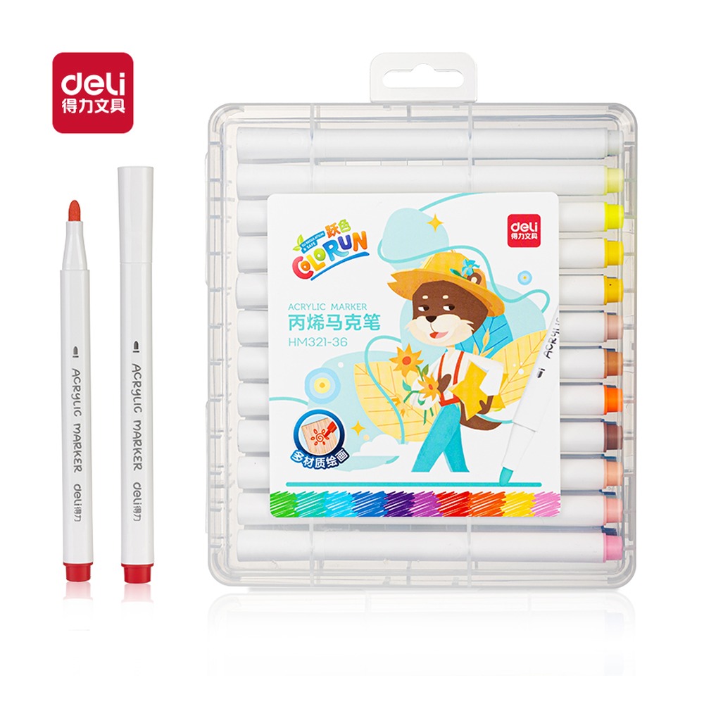 DELI/得力 细三角杆丙烯马克笔 HM321-36 规格:(229°156*40) mm Ce；颜色:混；包装:36支；结构:细三角杆 单位:盒