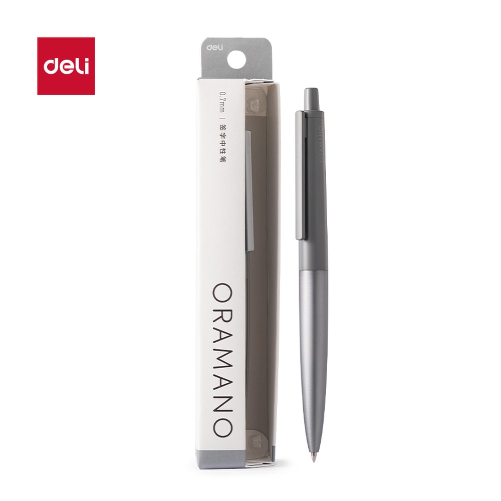 DELI/得力 臻顺滑金属按动签字中性笔 A9-07 材质:金属；尺寸:0.7mm；包装:1支/盒；笔芯规格:0.7mm 单位:盒