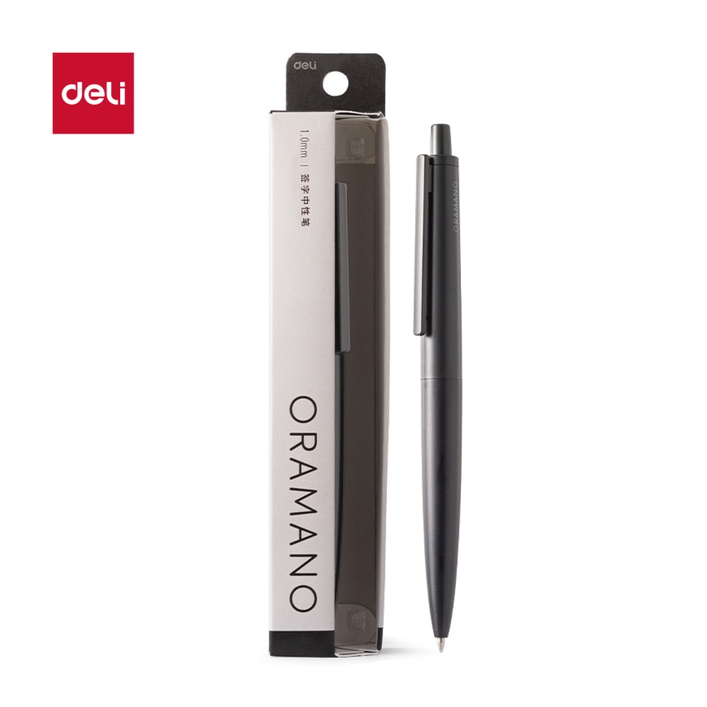 DELI/得力 臻顺滑金属按动签字中性笔 A9-10 材质:金属；尺寸:1.0mm；包装:1支/盒；笔芯规格:1.0mm 单位:盒