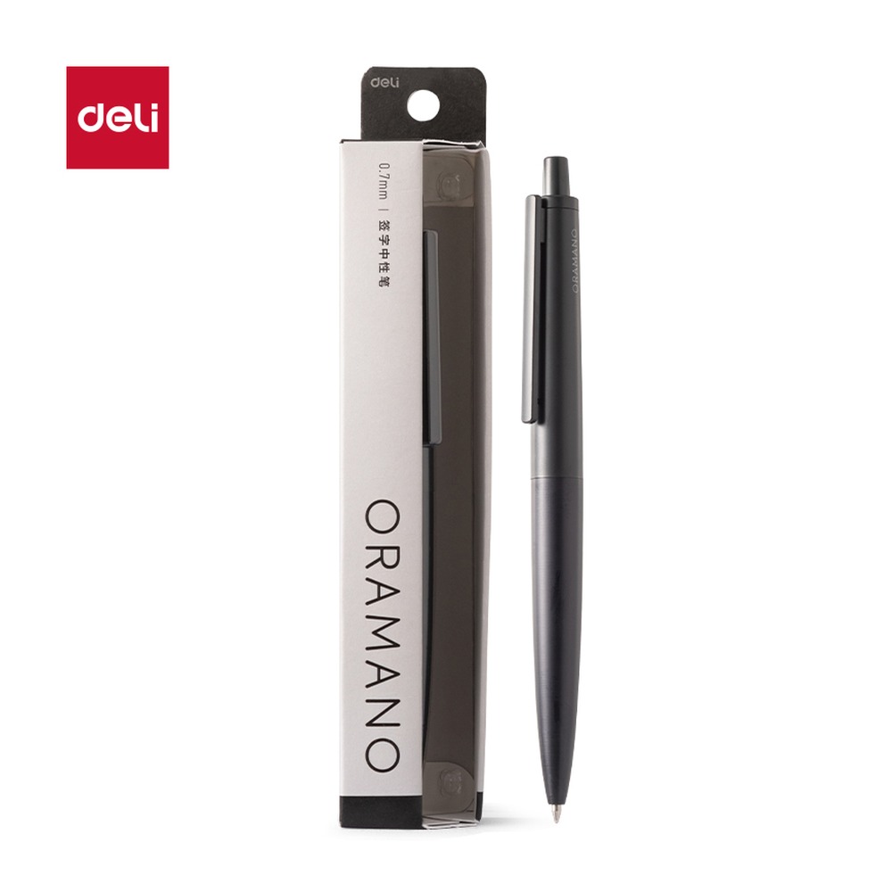 DELI/得力 臻顺滑金属按动签字中性笔 A9-07 材质:金属；尺寸:0.7mm；包装:1支/盒；笔芯规格:0.7mm 单位:盒
