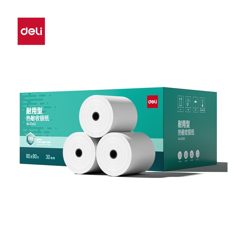 DELI/得力 耐用型收银纸型 ZS162 颜色:混；尺寸:80*80；包装:30卷/箱 单位:箱