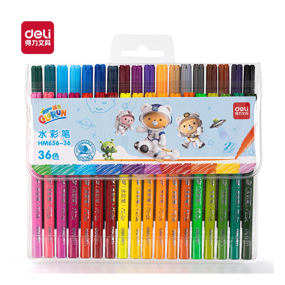 DELI/得力 萌咿航天圆杆水彩笔 HM656-36 规格:(245*182*23) mm；颜色:混；包装:36色/袋 单位:袋