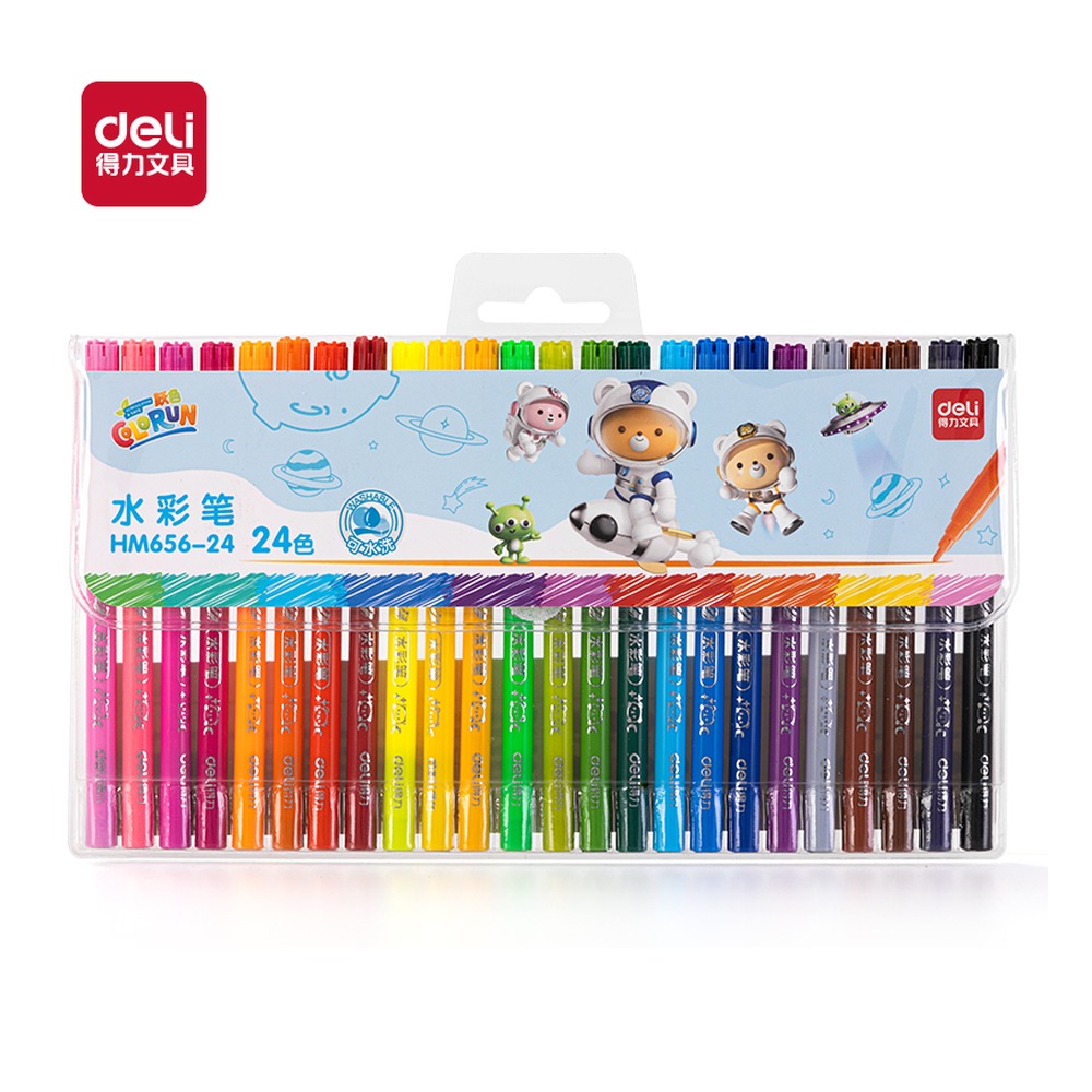 DELI/得力 萌咿航天圆杆水彩笔 HM656-24 规格:(245*182*23) mm；颜色:混；包装:24色/袋 单位:袋