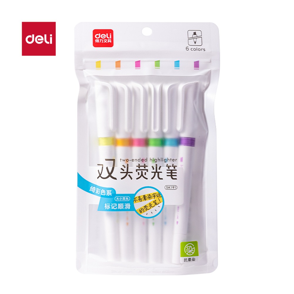 DELI/得力 抗晕染双头荧光笔荧光笔绮彩色系 SK191 颜色:混；包装:6支/袋；结构:双头 单位:袋