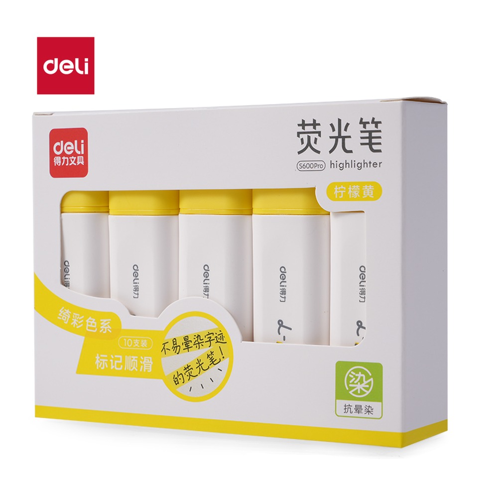 DELI/得力 抗晕染扁杆荧光笔缤纷色系 S600PRO 颜色:柠檬黄 单位:支