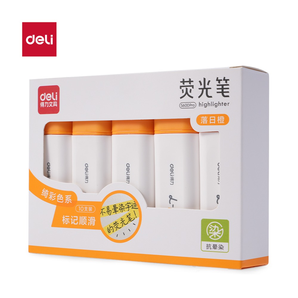 DELI/得力 抗晕染扁杆荧光笔缤纷色系 S600PRO 颜色:落日橙；结构:扁杆 单位:支