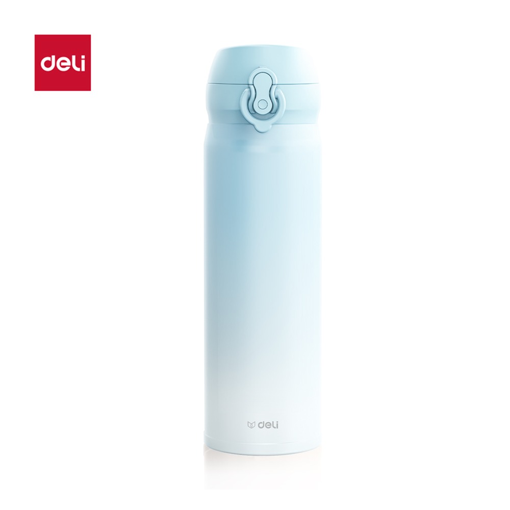 DELI/得力 保温杯 LL619 颜色:渐变蓝；尺寸:500m；容量:500mL；包装:彩盒装；结构:弹盖 单位:个