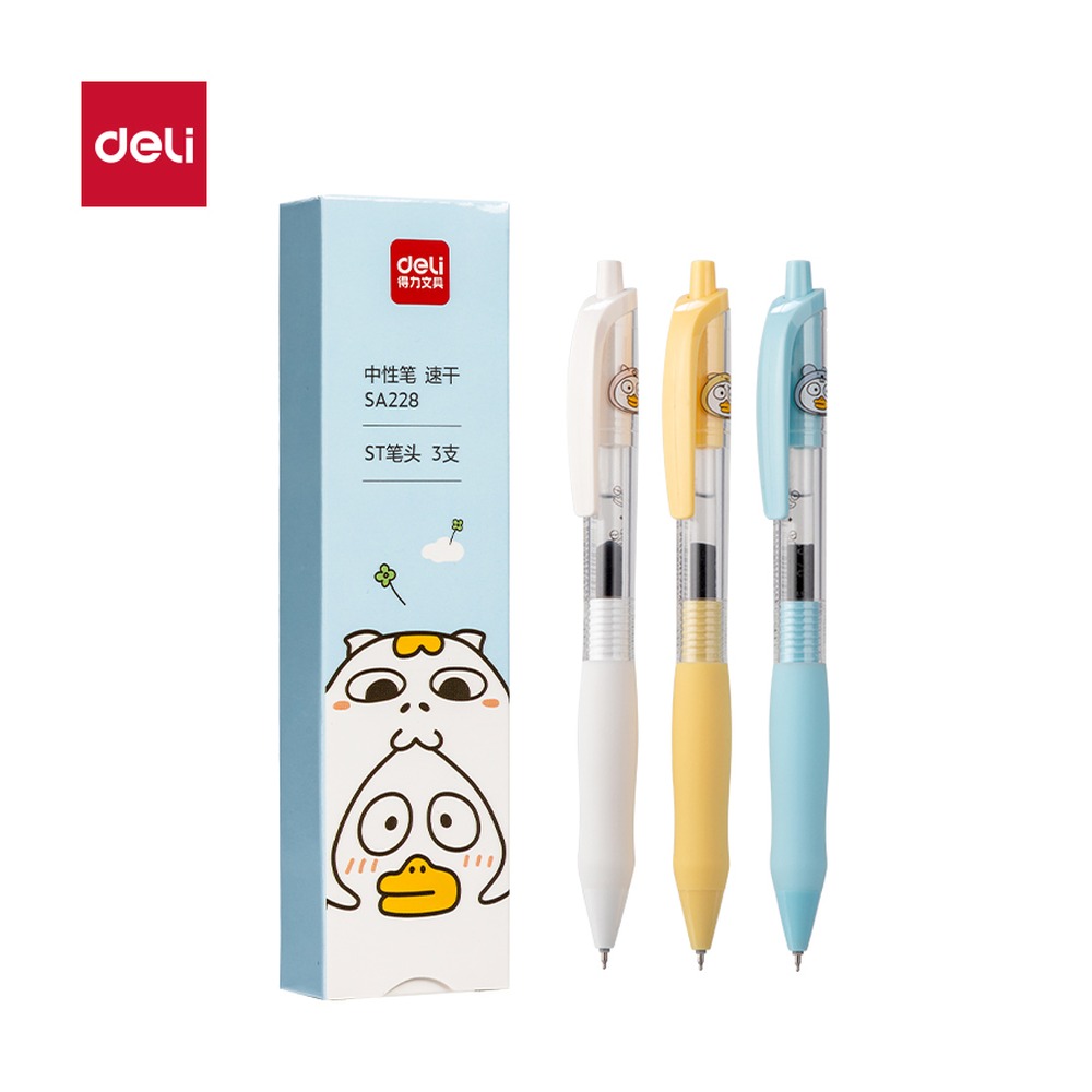 DELI/得力 小刘鸭速干按动IP中性笔 SA228 颜色:黑；尺寸:0.5mm；包装:3支/盒；笔芯规格:0.5mmST头 单位:盒