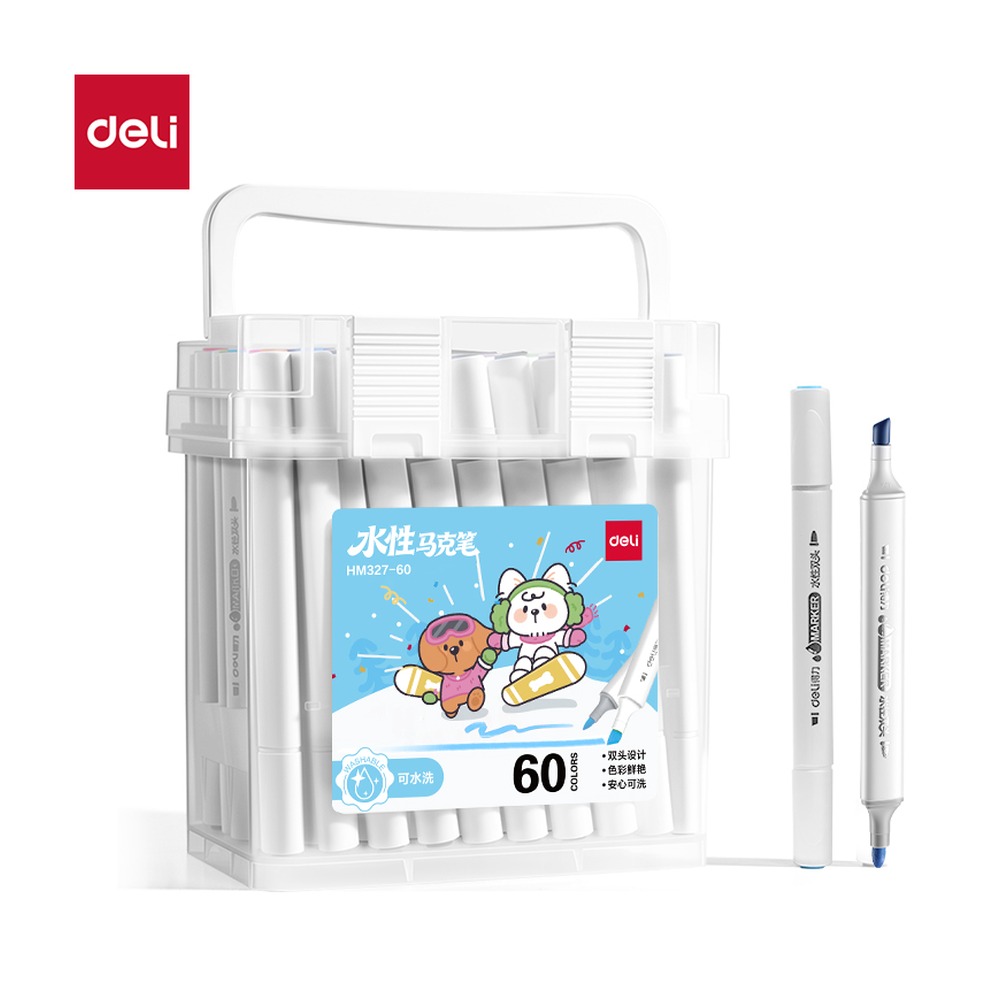 DELI/得力 筒装三角杆水性马克笔 HM327-60 颜色:混；材质:PP；包装:60色/筒；其他:60色 单位:筒