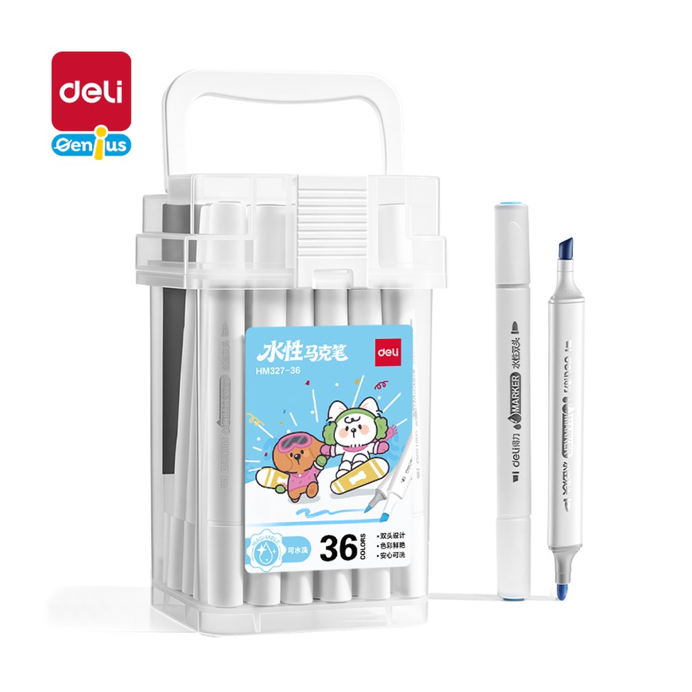DELI/得力 筒装三角杆水性马克笔 HM327-36 颜色:混；材质:PP；包装:36色/筒；其他:36色 单位:筒