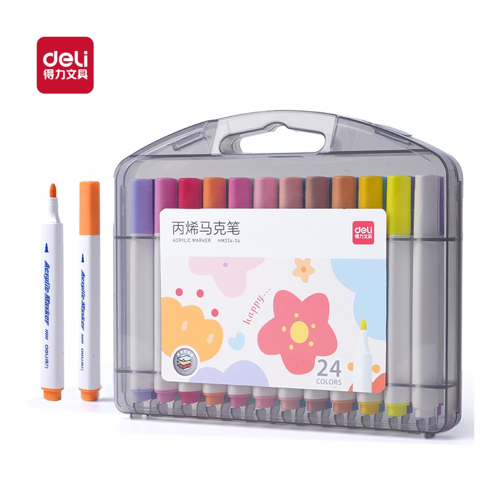 DELI/得力 三角杆丙烯马克笔 HM334-24 规格:(276*260*29) mm ~~ E；颜色:混；材质:PP；包装:24色/盒；其他:24色 单位:盒