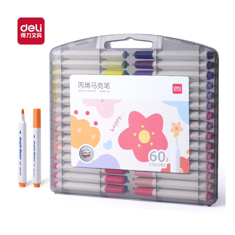 DELI/得力 三角杆丙烯马克笔 HM334-60 规格:(276*260*29) mm ~~ E；颜色:混；材质:PP；包装:60色/盒；其他:60色 单位:盒