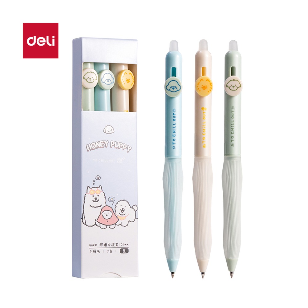 DELI/得力 小狗日记按动可擦中性笔 SA295 颜色:黑；尺寸:0.5mm；包装:3支/盒；笔芯规格:0.5mm子弹头 单位:盒