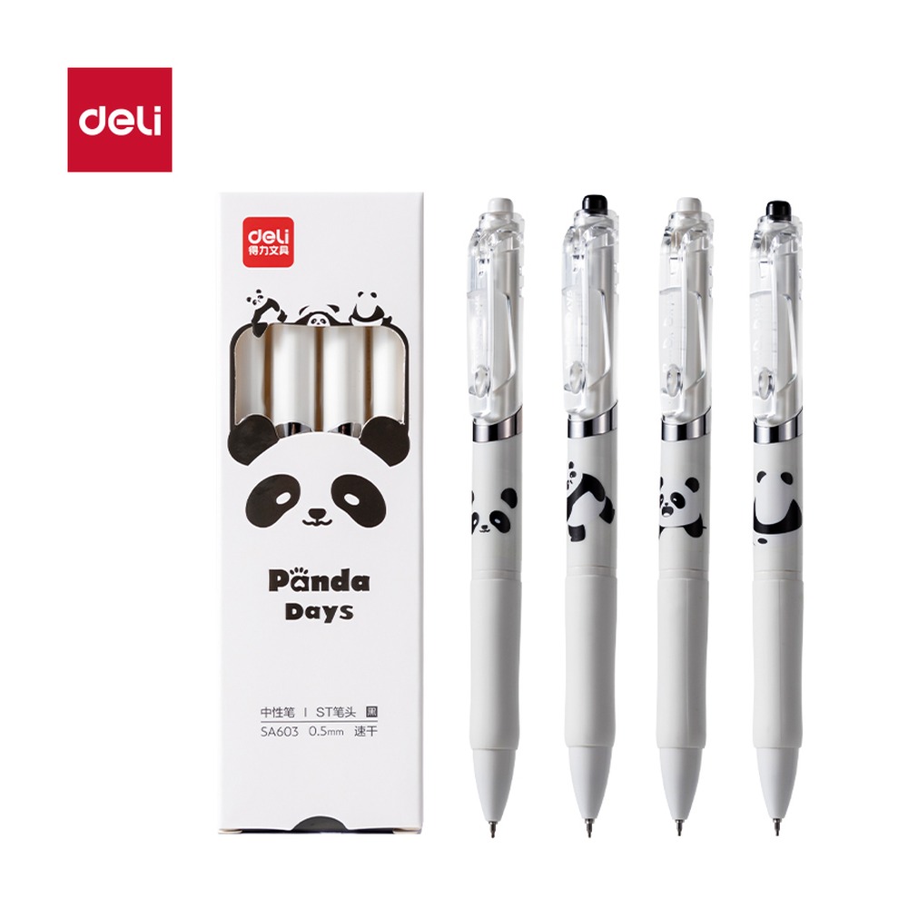 DELI/得力 速干按动熊猫IP中性笔 SA603 颜色:黑；尺寸:0.5mm；包装:4支/盒；笔芯规格:0.5mmST笔头 单位:盒