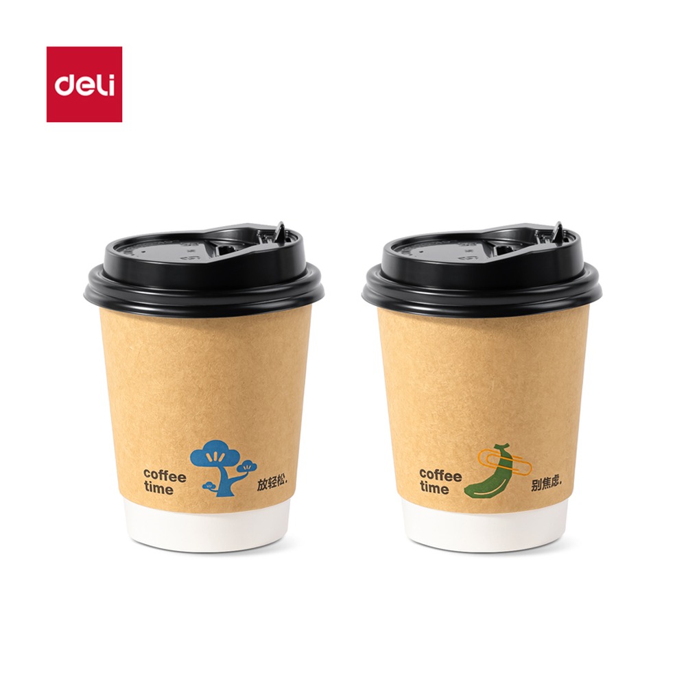 DELI/得力 双层纸杯 LL218 颜色:混色；材质:牛皮纸；尺寸:280m；容量:280mL；包装:50套/箱 单位:箱