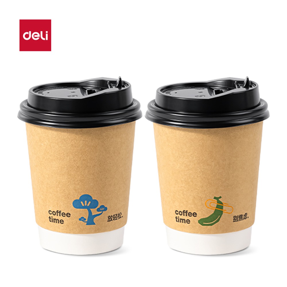 DELI/得力 双层纸杯 LL219 颜色:混色；材质:牛皮纸；尺寸:420m；容量:420mL；包装:50套/箱 单位:箱