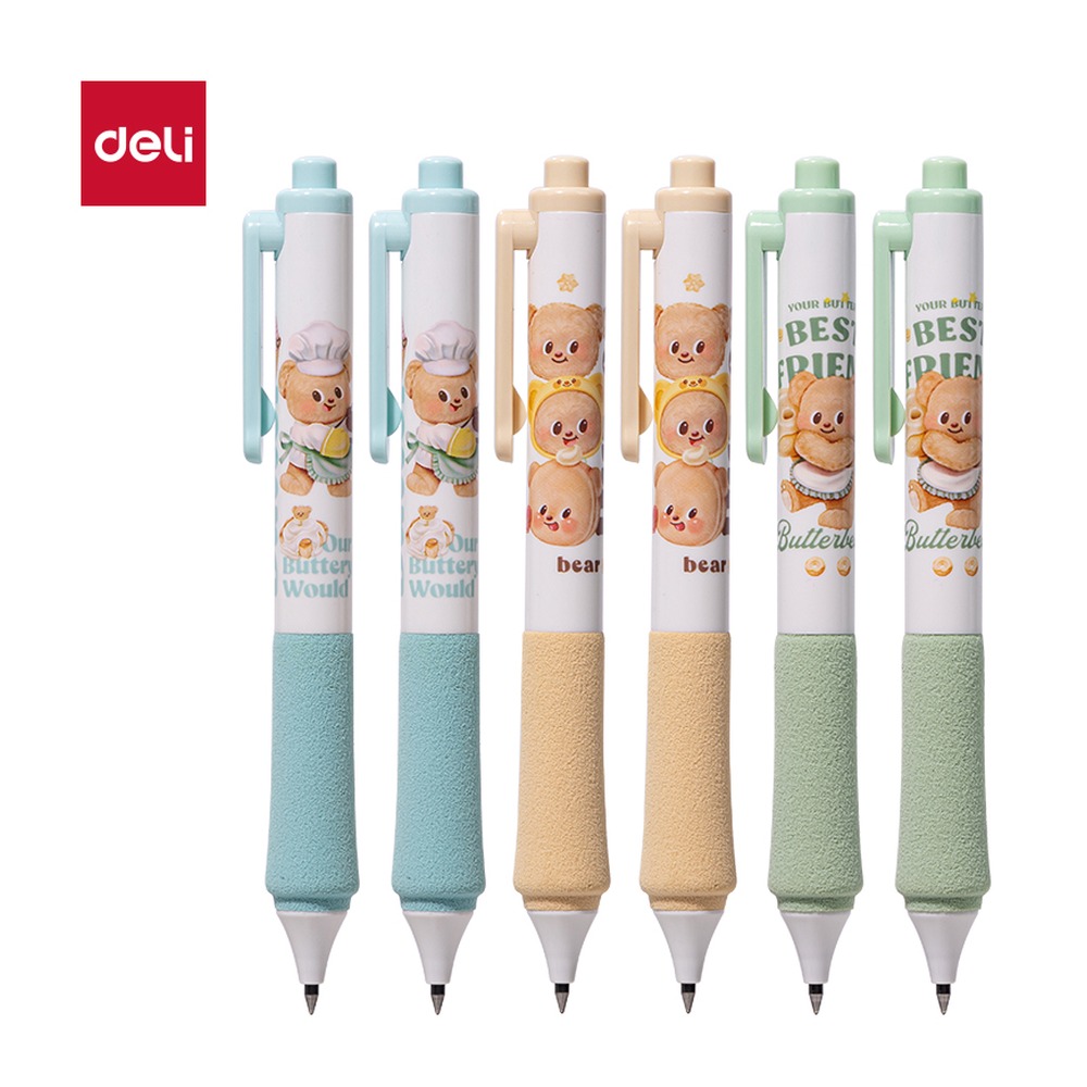 DELI/得力 黄油小熊臻顺滑按动IP中性笔 HY001 颜色:黑；尺寸:0.5mm；笔芯规格:0.5mm弧度收口子弹头 单位:支