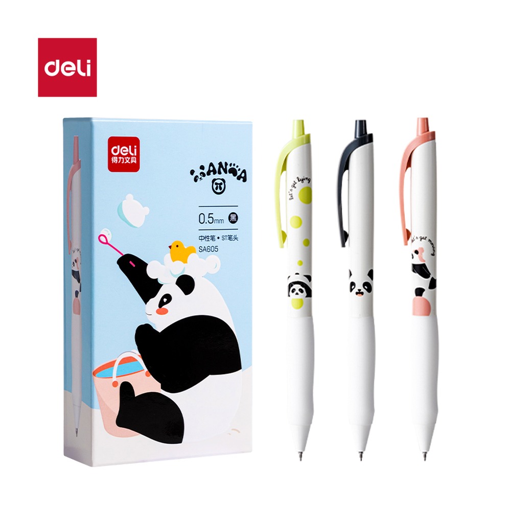 DELI/得力 熊猫速干按动学生中性笔 SA605 颜色:黑；尺寸:0.5mm；笔芯规格:0.5mmST笔头 单位:支