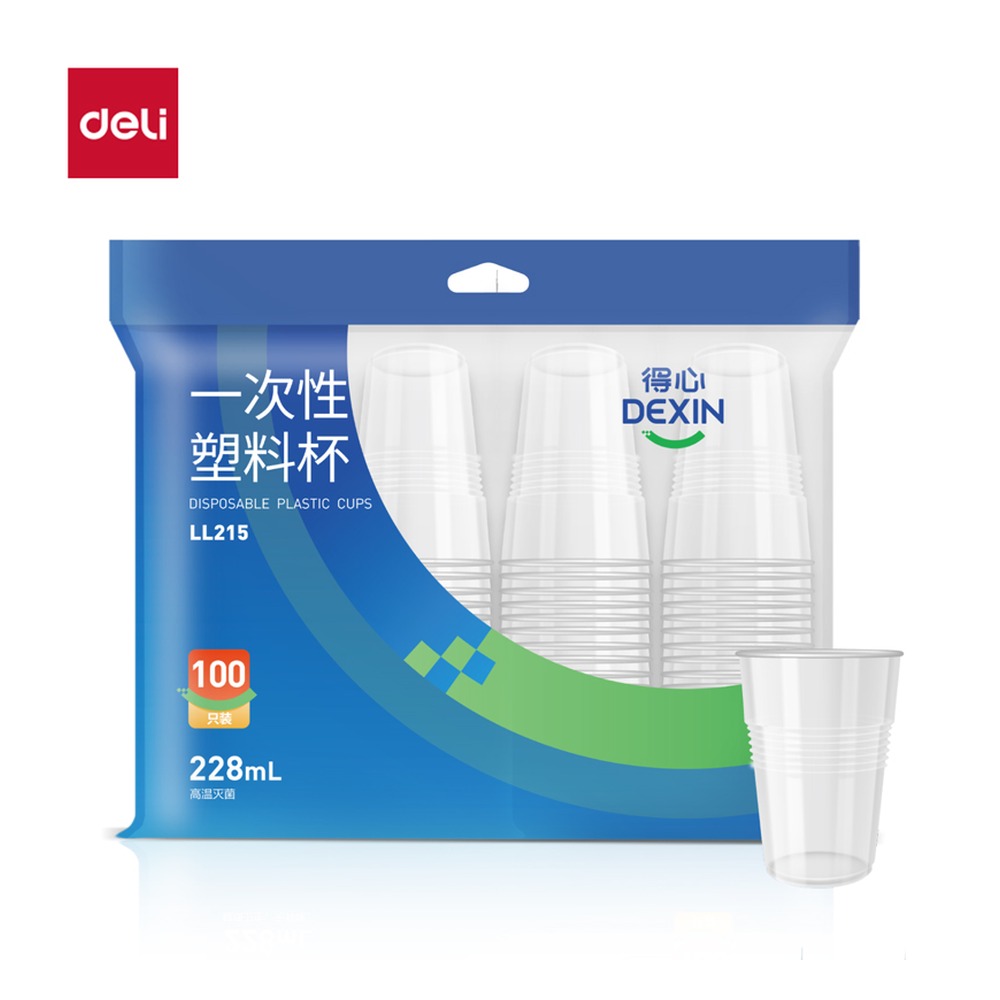 DELI/得力 一次性塑料杯 LL215 颜色:透明；材质:塑料；尺寸:228m；容量:228mL；包装:100只/袋 单位:袋
