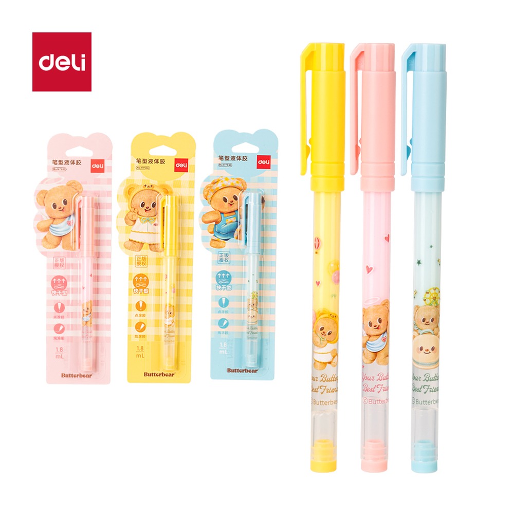 DELI/得力 黄油小熊笔型液体胶ACR HY506 颜色:混；尺寸:1.8m；容量:1.8ml；包装:套；适用范围:可粘贴多种纸张，适用于点、线多种涂胶方式，不同纸张的粘合效果 单位:套