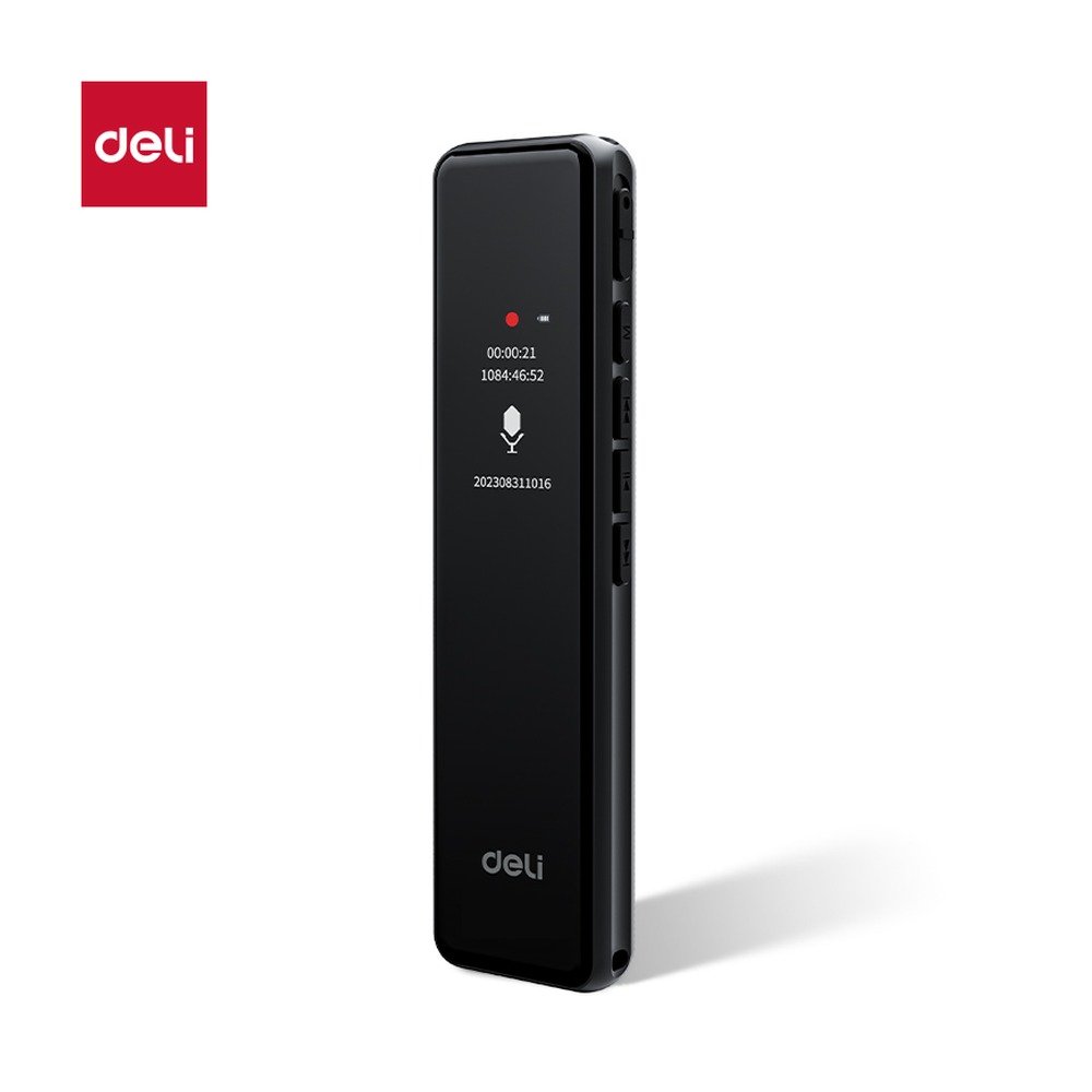 DELI/得力 录音笔 MP32 颜色:黑；尺寸:103.5*25.5*10.5mm；容量:16G；克重:16G；电池容量:300mAh；充电接口:5V/1A Type-=-C接口；音频格式:MP3. WAV. WMA 单位:支