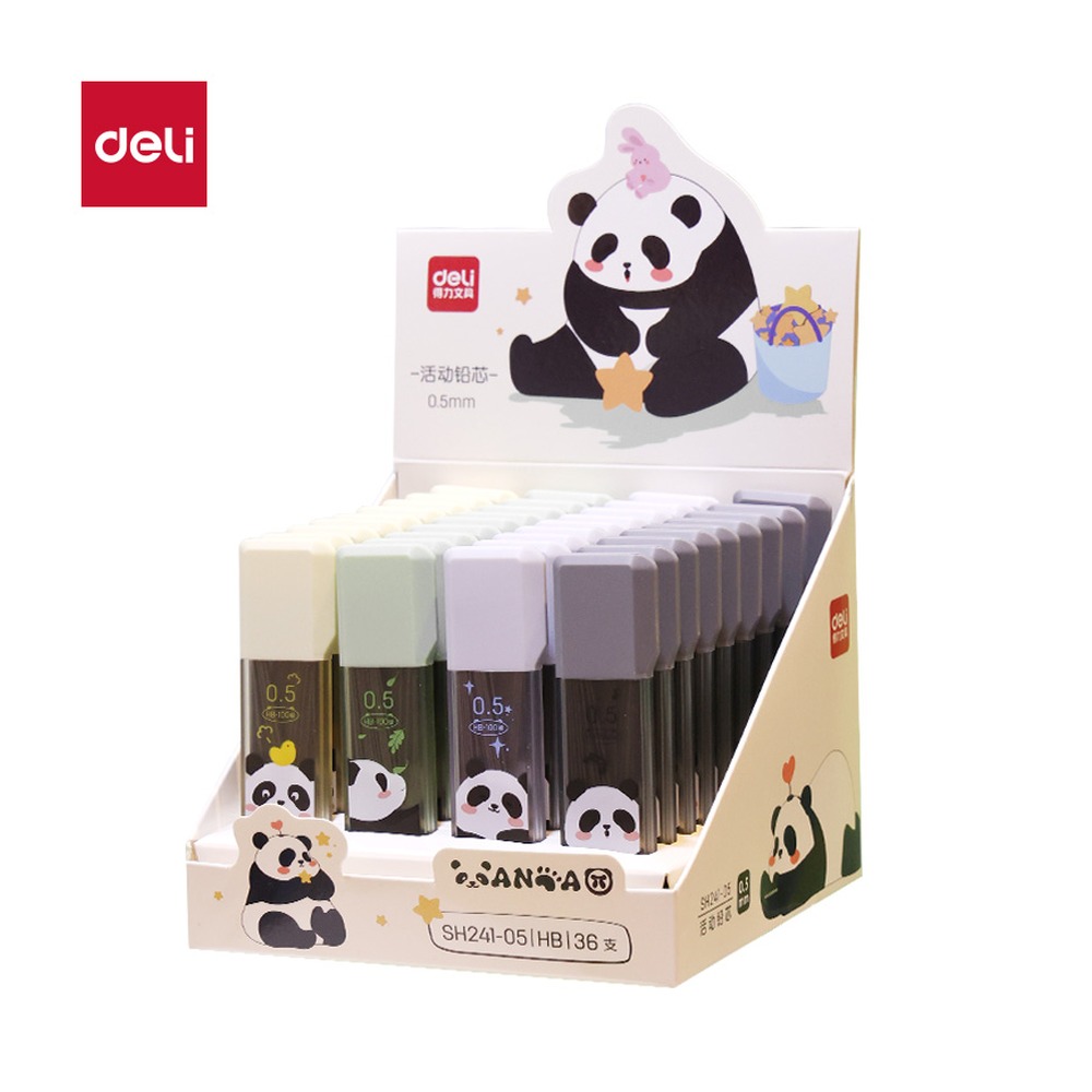DELI/得力 熊猫大容量100根活动铅芯HB0.5 SH241-05 颜色:混；尺寸:90mm；包装:支；其他:大容量100根；笔芯规格:HB0.5-90mm 单位:支